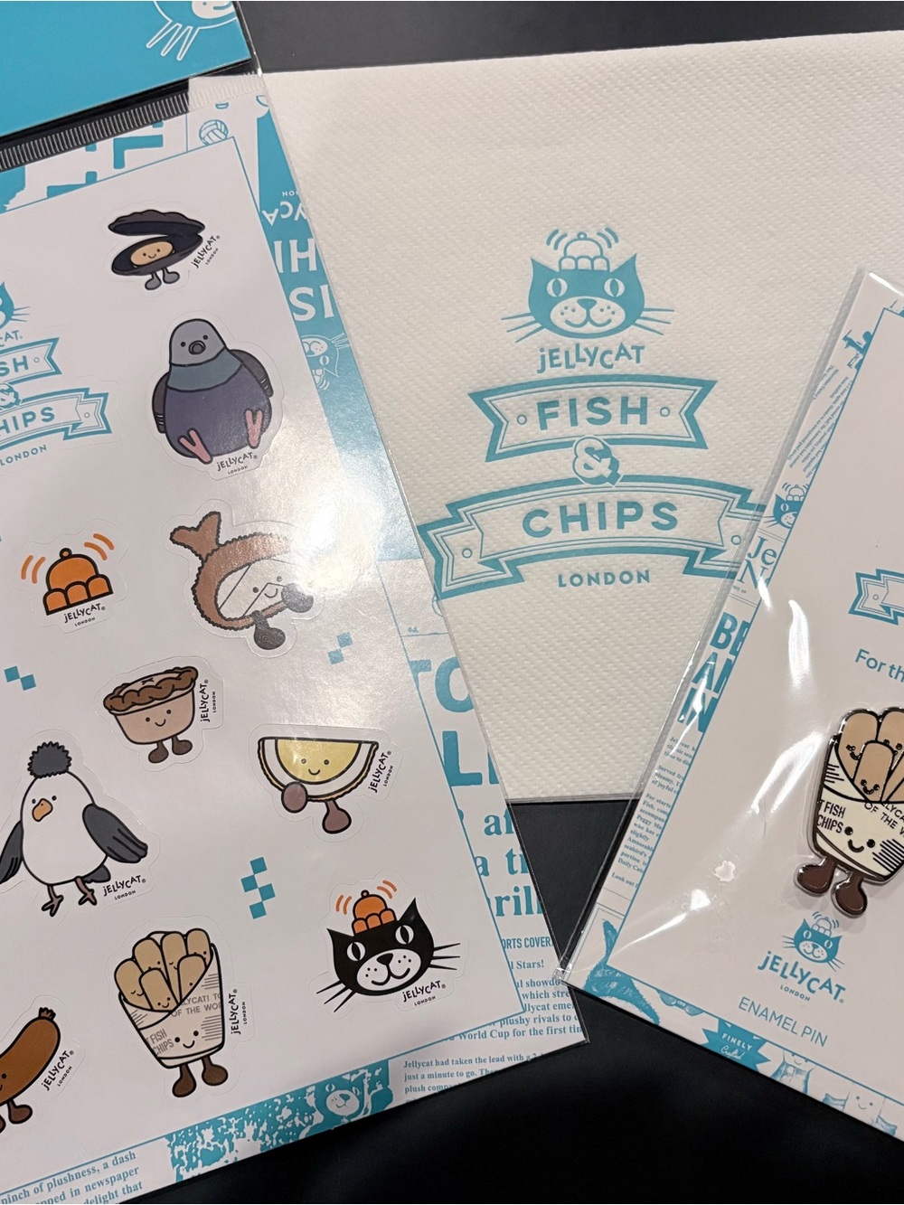 Exclusive Jellycat Fish & Chips Napkin, Stickers & Enamel Pin Set